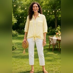 Casual 2XL Butter Yellow Spring Tie Front Role Sleeve Button Down  Tunic Top New